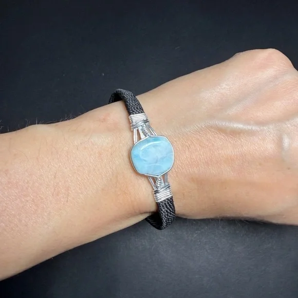 Handmade Natural Larimar Stone & Wire-Wrapped Bracelet - Picture 2 of 11